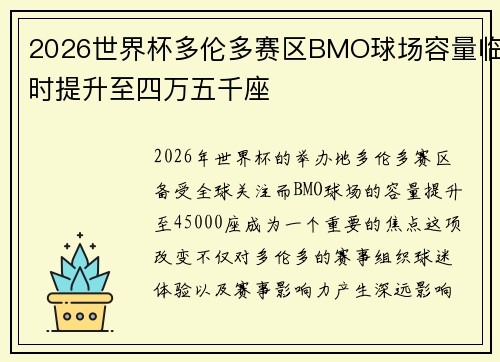 2026世界杯多伦多赛区BMO球场容量临时提升至四万五千座
