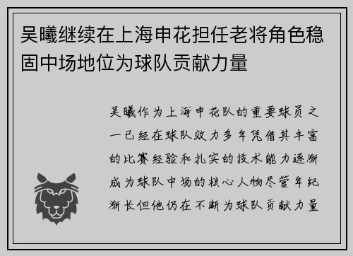 吴曦继续在上海申花担任老将角色稳固中场地位为球队贡献力量 吴曦继续在上海申花担任老将角色稳固中场地位为球队贡献力量