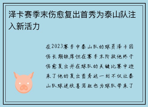 泽卡赛季末伤愈复出首秀为泰山队注入新活力