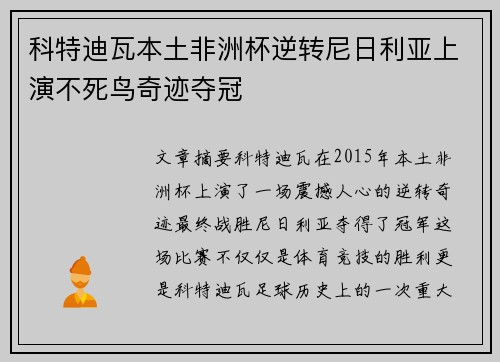 科特迪瓦本土非洲杯逆转尼日利亚上演不死鸟奇迹夺冠
